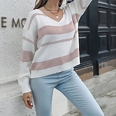 preiswerte Grafische Muster und Details-Damen Pullover Lässig Gestreift Grobstrick V Ausschnitt Gestrickt Langarm Normale Oberteile Stricken Täglich Ferien Ausgehen Rosa Rote Herbst Winter