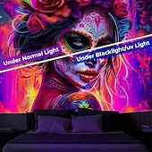 お買い得  ハロウィン壁タペストリー-ハロウィン ブラックライト シュガースカル花嫁タペストリー UV反応 暗闇で光る 森 トリッピー マウンテン 霧のある墓地 ゴースト 吊るすタペストリー ウォールアート ミューラル リビングルーム 寝室のための
