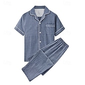 billiga Pyjamas-Herr Sovkläder Pyjamas set Pyjamastopp och byxa 1set Slät Mode Stylish Klassisk Hem Dagligen Säng Bomull Komfort Mjuk Andningsfunktion Kavajslag Kortärmad Skjorta Byxa Elastisk midja Knappar Sommar