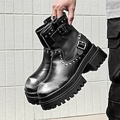 abordables Chaussures pour Hommes-Bottines noires à boucle épaisse pour homme – Bottes de combat à plateforme punk rock pour la mode gothique et le streetwear d&#039;automne