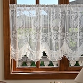 cheap Curtains &amp; Drapes-Lace Ruffled Kitchen Short Curtain Valance Vintage Floral Embroidered Short Sheer Cafe Curtain for Kitchen Window Rod Pocket Scalloped Bottom Beaded Sheer Valance1 Panel