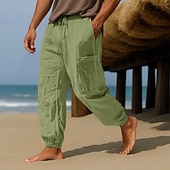 cheap Holiday-Men&#039;s Linen Pants Trousers Summer Pants Baggy Pants Elastic Cuff Solid Color Plain Comfort Breathable Full Length Casual Daily Holiday Vacation Fashion Black White Micro-elastic