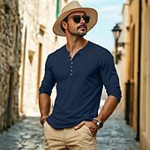 お買い得  カジュアルヘンリーTシャツ-男性用 ヘンリーシャツ ティートップ 長袖シャツ 長袖 ヘンリー 夏 春 純色 平織り ファッション 日常 ボタン アウトドア カジュアル ブラック ホワイト ロックグリーン メンズトップTシャツ