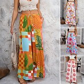 abordables jambe large et taille haute-Femmes Jambe large Chinos Vacances ancien Mode Longueur complète Taille haute Fleuri Ceinture Élastique Impression Confortable Doux Micro-Élastique Extérieur Vacances Rue Blanche Jaune Rose Claire