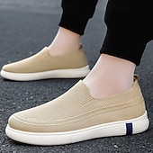 billiga Slip-ons och loafers till herrar-Beige stickade slip-on herrsneakers – andningsbara lätta vardagsskor för sommar, promenader och semester