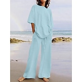 abordables Conjuntos-Conjuntos de pantalones de lino para mujer, 15% lino, básicos, color liso, bolsillo, cintura elástica, camiseta, pantalón, uso diario, calle, manga larga, cuello redondo, azul, negro, blanco, azul marino, marrón claro, verano, primavera