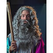 Χαμηλού Κόστους Περούκες για πάρτι-Γκρι γένι και περούκα μάγου - αστείο αξεσουάρ για την αποκριάτικη στολή του πατέρα για ενήλικες