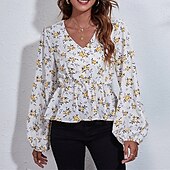 voordelige Bloemen tops-Dames Zomer tops Bloemig Dagelijks Stijlvol Basic Lange mouw Lantaarn mouw V-hals Normale tops Werk Dagelijks Feestdagen Afdrukken Wit Zomer Lente