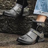 cheap Biker Boots-Men's White Faux Leather Moto Ankle Boots with Buckle Straps – Punk Style Fashion Boots for Parties and Streetwear