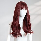 abordables Pelucas de fiesta-Peluca ondulada color burdeos de 20 pulgadas para mujer: flequillo completo, cabello largo, ideal para Halloween, cosplay y estilos de moda actuales.