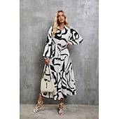 voordelige Kunst &amp; Design Jurk-Dames Maxi-jurk A lijn jurk Vakantie Feest Casual Feest Dagelijks Afspraakje Normale pasvorm Abstract Lijn Lange mouw Overhemdkraag Zwart-wit print Groene en witte print Zomer Lente Herfst