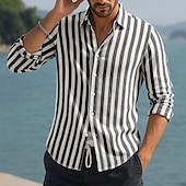 voordelige Vakantie-Voor heren Overhemd Linnen overhemd Zomer overhemd Strand Kleding Overhemd met knopen Verticale stroken Vakantie Curise Zwart Blozend Roze Rood blauw Lange mouw Strijkijzer Zomer Lente Kleding