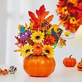 baratos Guirlandas de Halloween e Decorações Florais-enfeite de mesa de outono de Halloween com abóbora falsa, folhas de bordo e luz LED para o festival da colheita de outono, decoração de cena assustadora de Halloween para casa e festa de outono