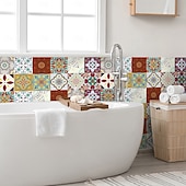 abordables Pegatinas de pared-24 pegatinas de azulejos de estilo marroquí, calcomanías de pared de PVC con película de cristal engrosada, impermeables &amp;Decoración de pared de azulejos retro extraíbles y a prueba de aceite para
