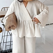 levne Dámské halenky-Dámské Elegantní Čechy prázdniny Sady kalhot Dlouhý rukáv Zvonové Do V Pevná barva Šněrování Nabírané šaty Volány Venkovní Dovolená Párty špinavě bílá Světlá růžová Khaki Léto Volný