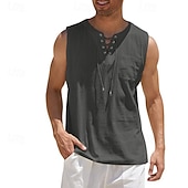 economico Vacanza-Per uomo Camicia Camicia di lino Camicia popover Camicia Estiva Abbigliamento da spiaggia Maglietta senza maniche Tinta unica Vacanza Streetwear Nero Bianco Blu marino Azzurro cielo Senza Maniche