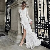 preiswerte Einfaches Kleid-Damen Maxikleid Etui-Kleid Party Geburtstag Cocktail Trompetenärmel Party Ausgehen Strand Figurbetonter Schnitt Einfarbig Langarm V Ausschnitt Weiß Frühling Herbst