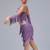cheap Latin Dancewear-Latin Dance Skirts Tassel Pure Color Splicing Women&#039;s Performance Training Sleeveless High Polyester