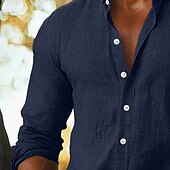 preiswerte Straße-Herren Hemd Leinenhemd Knopfhemd Einfach Urlaub Lässig Schwarz Gelb Marineblau Braun Langarm Revers Sommer Herbst Bekleidung Knöpfe
