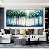 abordables peintures à l&#039;huile d&#039;arbre-Peinture à l&#039;huile faite à la main, forêt abstraite moderne, coups de pinceau texturés audacieux, canopée vert émeraude, teintes bleu sarcelle, troncs minimalistes, profondeurs saphir, galerie d&#039;art