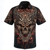 cheap Halloween Shirts-Men&#039;s Devil Flame Shirt Cuban Collar Shirt Button Up Shirt Short Sleeve Dark Punk Gothic Style Vacation Holiday Streetwear Summer Camp Collar Shirt 3D Print Black 1 Black Black 2