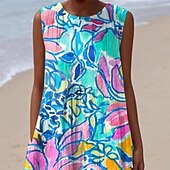 abordables Robes Floraux Imprimés-Femmes Robe Midi Robe Décontractée Robe d&#039;été Mode Moderne Quotidien Plage Week-end Coupe régulière Fleur Sans manches Col ras du cou Bleu Été Printemps