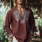 cheap Vacation-Men&#039;s Popover Shirt Summer Shirt Beach Wear Vintage Shirt Ethnic Shirt Floral Vacation Holiday Yellow Blue Orange Brown Long Sleeve V Neck Summer Spring Clothing Apparel
