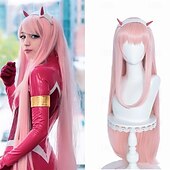 abordables Perruques de Couple-Perruque rose pastel longue et raide pour femme, cosplay anime Zero Two 02, avec corne, 99 cm