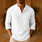 preiswerte Baumwoll-Leinenhemd-Herren Hemd Leinenhemd Popover-Hemd Freizeithemd Baumwollhemd Einfach Urlaub Hawaiianisch Schwarz Weiß Rosa Khaki Langarm Stehkragen Frühling Herbst Bekleidung