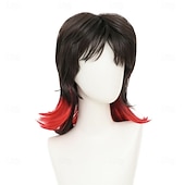 Недорогие Парики для вечеринок-Черный красный парик кефаль для женщин длиной до плеч, многослойный лохматый парик с челкой, синтетические полные парики для косплея, ежедневного использования на вечеринках