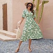 preiswerte Blumenkleider-Damen Midikleid Sommerkleid A Linie Kleid Urlaub Party Lässig Schmetterling Party Ausgehen Strand Standard Passform Blumen Grafik Kurzarm V Ausschnitt Grün Sommer Frühling Herbst