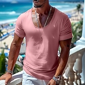 preiswerte Baumwoll-Leinen T-Shirts-Herren Leinenähnliches T-Shirt Kurze Ärmel Rundhalsausschnitt Sommer Einfach Mode Designer Basic Weich Urlaub Straße Alltagstauglich Rosa Hellblau Beige Top T-Shirt für Herren