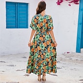 tanie Sukienki kwiatowe-Damskie Sukienka maxi Sukienka letnia Sukienka A line Urlop Codzienny Boho Impreza Wyjściowe Plaża Luźny / a Kwiaty Graficzny Krótki rękaw W serek Kolor Lato Wiosna