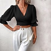 olcso Női Egyszerű Felsők-Női Nyári felsők Wrap Crop Top Sima Napi Stílusos Alap Hosszú ujj Lámpás hüvely V-alakú Crop Tops Munka Napi Szabadság Tunika Fekete Sárgabarack Tavasz Ősz