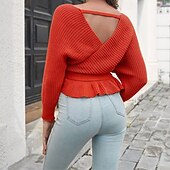 Női Pulóver Alkalmi Tömör szín Vaskos V-alakú Kötött Hosszú ujj Crop Tops Kötött Napi Szabadság Alkalmi Sárga Rubin Ősz Tél olcso Szilárd színek-Női Pulóver Alkalmi Tömör szín Vaskos V-alakú Kötött Hosszú ujj Crop Tops Kötött Napi Szabadság Alkalmi Sárga Rubin Ősz Tél