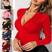 abordables Hauts Unis pour Femmes-Femmes T-shirt Uni Mode Moderne manche longue Col en V Hauts Réguliers Quotidien Noir Rose Claire Rouge Été