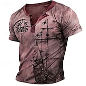 ieftine Vintage&amp;amp;Retro-Bărbați Grafic Navă Cranii Cămașă Henley Tricou Raglan Manșon scurt Tipărire 3D Modă Designer Comfortabil În aer liber Zilnic Vară Albastru piscină Roșu Mov Maro Trifoi Henley Tricou Henley