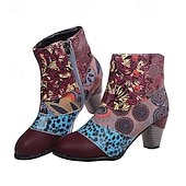 preiswerte Stiefeletten-Damen Stiefel Vintage-Schuhe Täglich Blumen Geometrisch Stiefeletten Perlenstickerei Blockabsatz Runde Zehe Vintage PU Reißverschluss Purpur Braun Grün