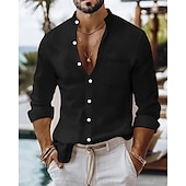economico Camicie di lino-Per uomo Camicia Camicia di lino Camicia casual Camicia con Bottoni Camicia di cotone Semplice Vacanza Camicia hawaiana Nero Bianco Giallo Blu marino Manica Lunga Colletto alla coreana Primavera