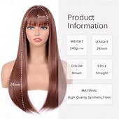 abordables Perruques Synthétiques Sans Bonnet-Perruque brune avec frange pour femmes, perruque synthétique longue et droite, résistante à la chaleur, pour filles, usage quotidien, fête, Halloween, cosplay, 24 pouces