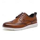 cheap Casual-Men’s Brown Faux Leather Wingtip Derby Shoes – Brogue Lace-up Comfort Shoes for Office Wear, Semi-formal Events and Daily Walking
