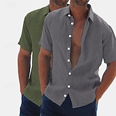 preiswerte Klassiker-Herren Leinenhemd Sommerhemd Strandbekleidung Knopfhemd Hemden zum Herausstecken Einfarbig Urlaub Kreuzfahrt Grün + grau Weiß + Khaki Khaki + Schwarz Grün+Khaki Kurzarm Umlegekragen Sommer Bekleidung