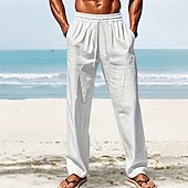 cheap Holiday-Men&#039;s Linen Pants Trousers Summer Pants Beach Pants Pocket Elastic Waist Drawstring Plain Comfort Breathable Vacation Daily Holiday Hawaiian Boho White Dark Red