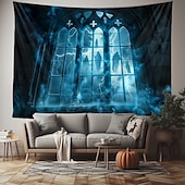 preiswerte Halloween-Wandteppiche-Halloween hängender Wandteppich Schlossfensteransicht Fotografien Hintergrund Jack O Lantern Wandkunst großes Wandteppich Wandbild Dekovorhang Zuhause Schlafzimmer Wohnzimmer Dekoration Tod Selfie