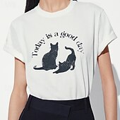 economico Maglietta Animali-Maglietta da donna in 100% cotone con stampa di animali, gatti e lettere, elegante, basic, moderna, a maniche corte, girocollo, regular, per tutti i giorni, sportiva, per uscire, nera e bianca,