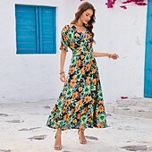 tanie Sukienki kwiatowe-Damskie Sukienka maxi Sukienka letnia Sukienka A line Urlop Codzienny Boho Impreza Wyjściowe Plaża Luźny / a Kwiaty Graficzny Krótki rękaw W serek Kolor Lato Wiosna