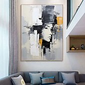 economico Dipinti a olio-Dipinto a olio fatto a mano su tela, decorazione da parete, figura astratta in bianco e nero, per arredamento d&#039;interni, dipinto appeso su telaio teso/dipinto arrotolato senza cornice.