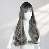 cheap Party Wigs-Women's 22″ Grey Wavy Ends Halloween Wig – Full Bangs, Heat‑Resistant Synthetic Long Hair for Costume &amp; Fashion