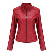 cheap Faux Leather Jackets-Women&#039;s Faux Leather Jacket Comfortable Pocket Full Zip Fashion Street Style Plain Outdoor Casual Daily Regular Stand Collar Regular Fit Long Sleeve Outerwear Black Red Camel Spring Fall