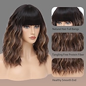 baratos Perucas Sintéticas sem Touca-Peruca loira com mechas castanhas e franja, peruca curta e cacheada para mulheres, comprimento dos ombros de 14 polegadas, perucas de substituição de cabelo de aparência natural para uso em festas de